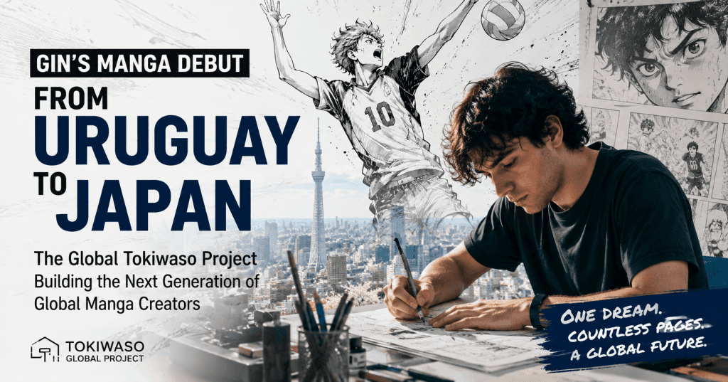 Gin a Talented mangaka from Uruguay drawing and a blog title caption alongside him